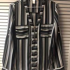 Long sleeved, sheer, black and white striped shirt